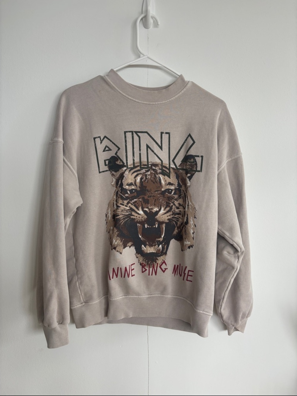 ANINE BING Taupe/Forest Green Graphic Tiger Crewneck Sweatshirt